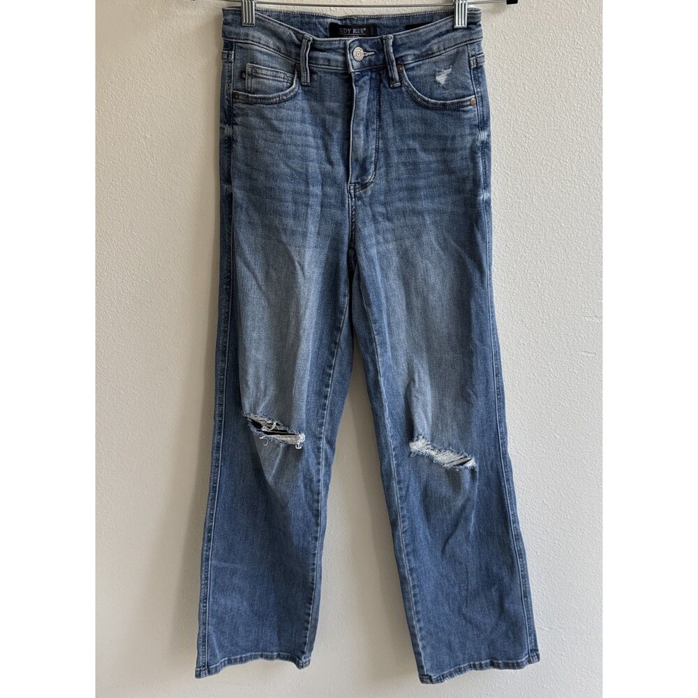 Judy Blue Straight Leg Distressed Jeans Women’s 5 27x31 Medium Wash High Rise
